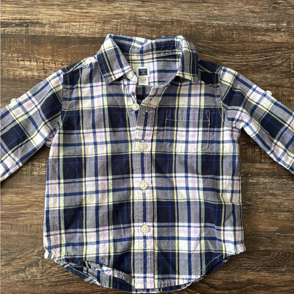 Janie and Jack Navy Blue Plaid Button Down Shirt
